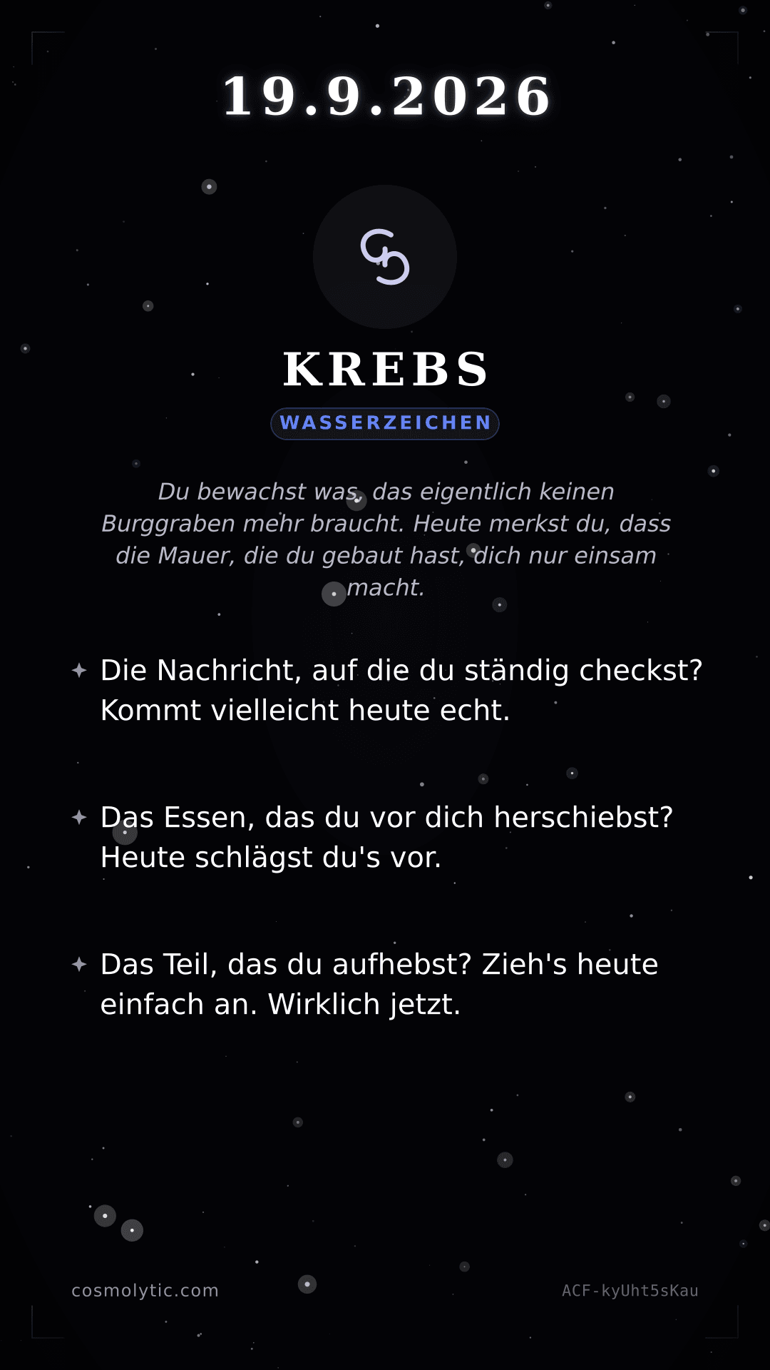 Krebs Tageshoroskop-Karte für 19. September 2026