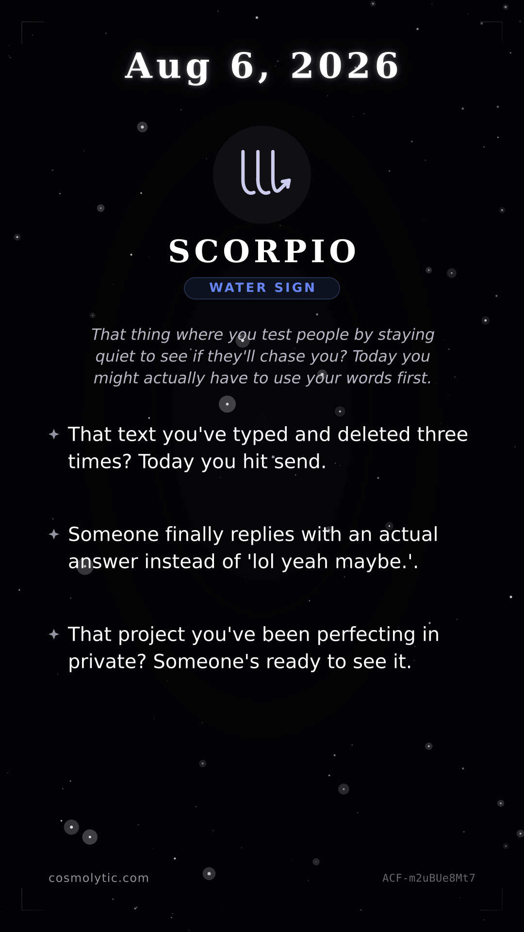 Scorpio daily horoscope card for August 6, 2026
