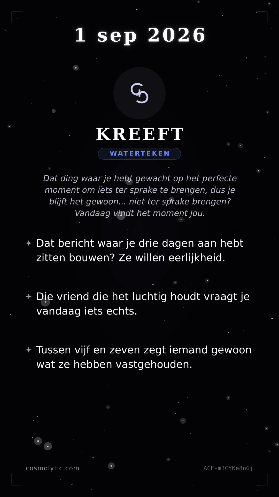Kreeft daghoroscoop kaart voor 1 september 2026