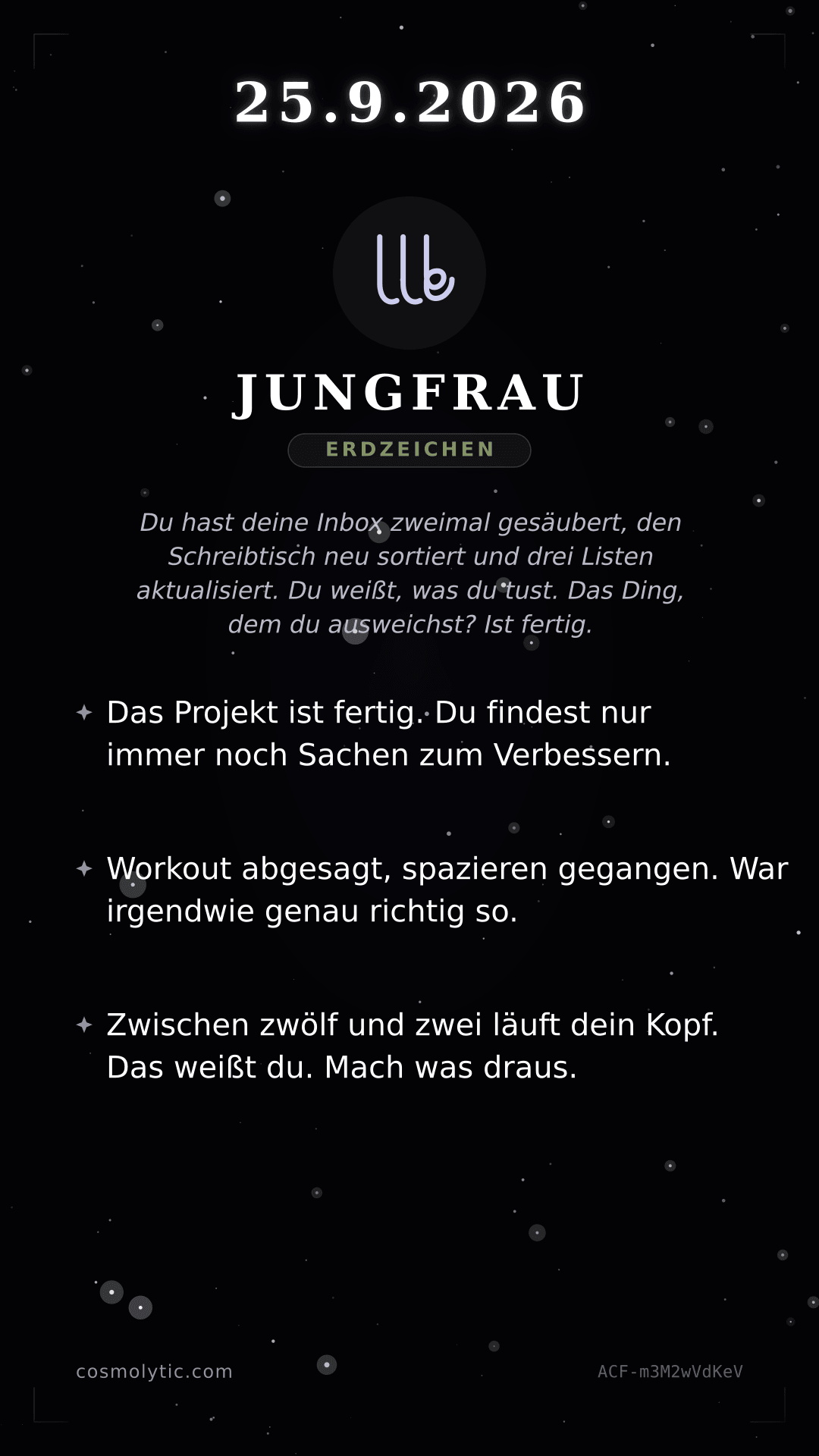 Jungfrau Tageshoroskop-Karte für 25. September 2026