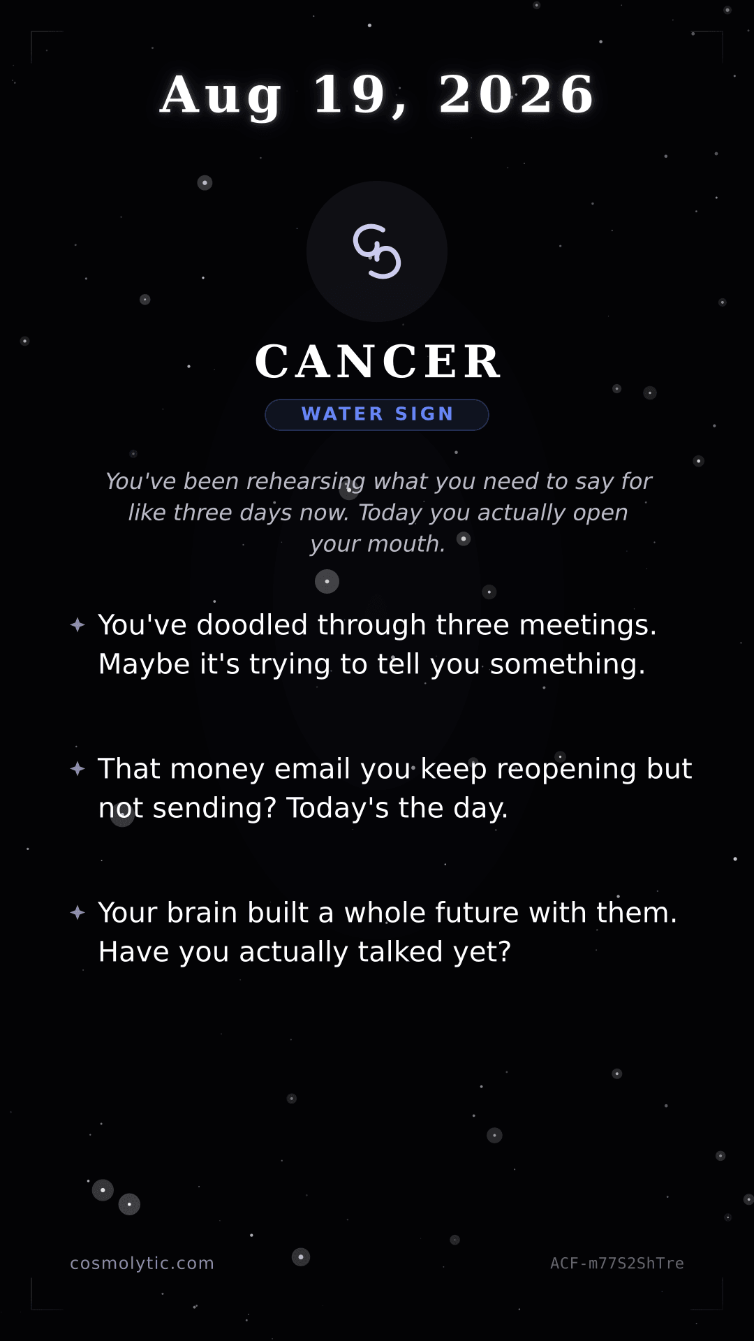 Cancer daily horoscope card for August 19, 2026