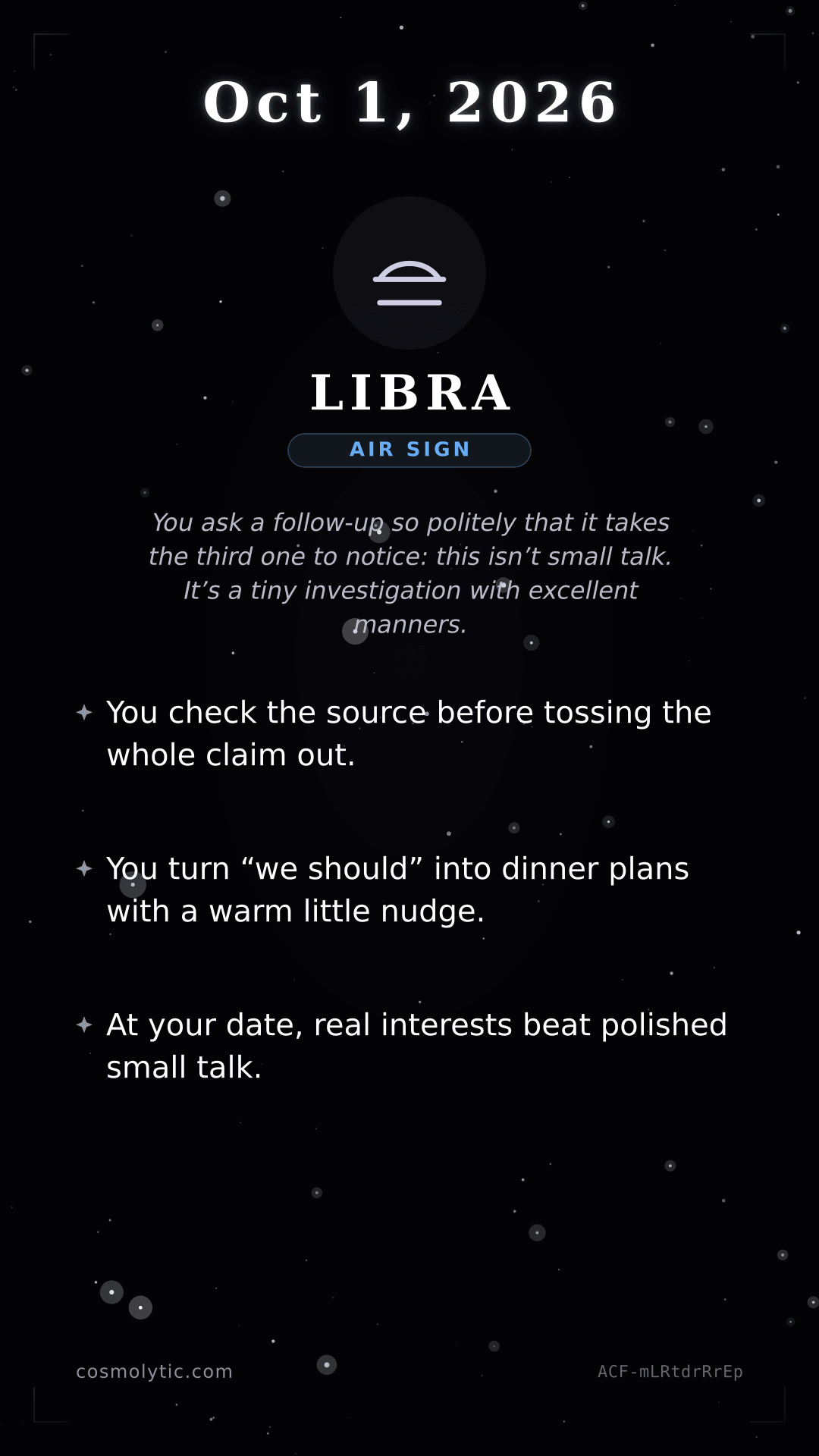 Libra daily horoscope card for October 1, 2026