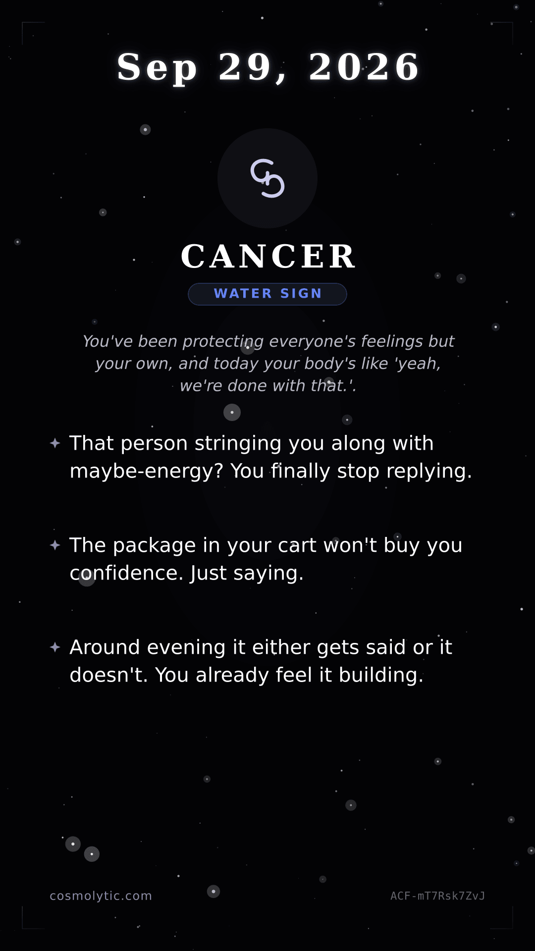Cancer daily horoscope card for September 29, 2026