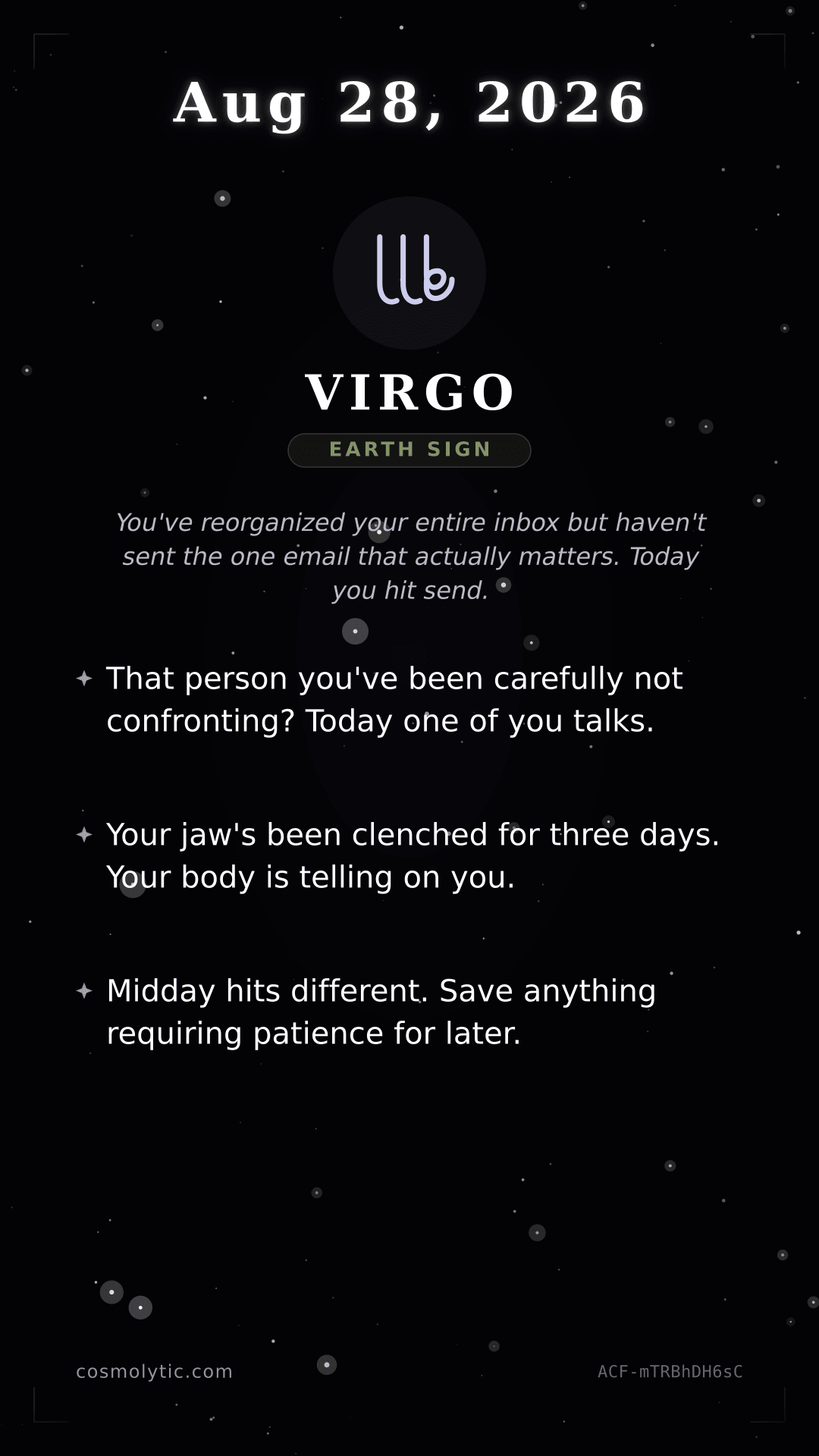 Virgo daily horoscope card for August 28, 2026