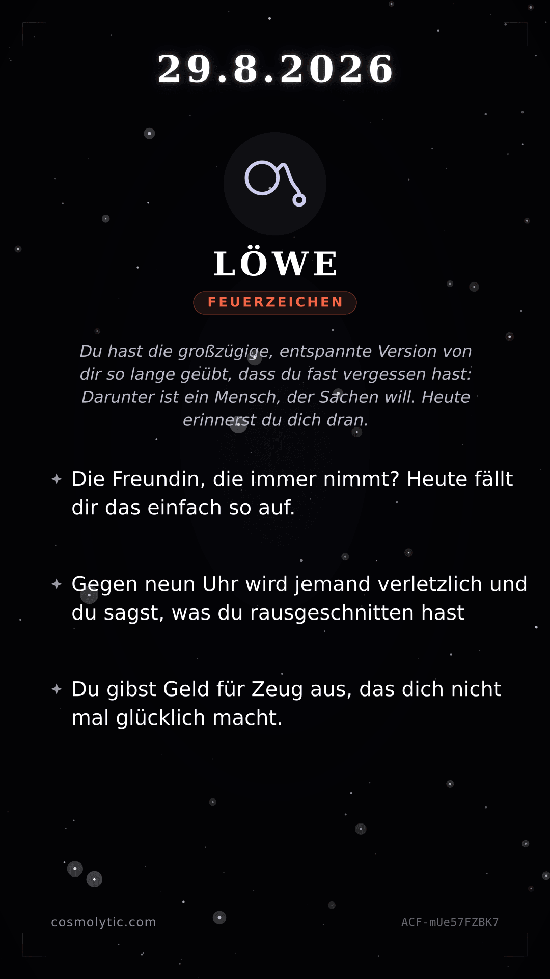 Löwe Tageshoroskop-Karte für 29. August 2026