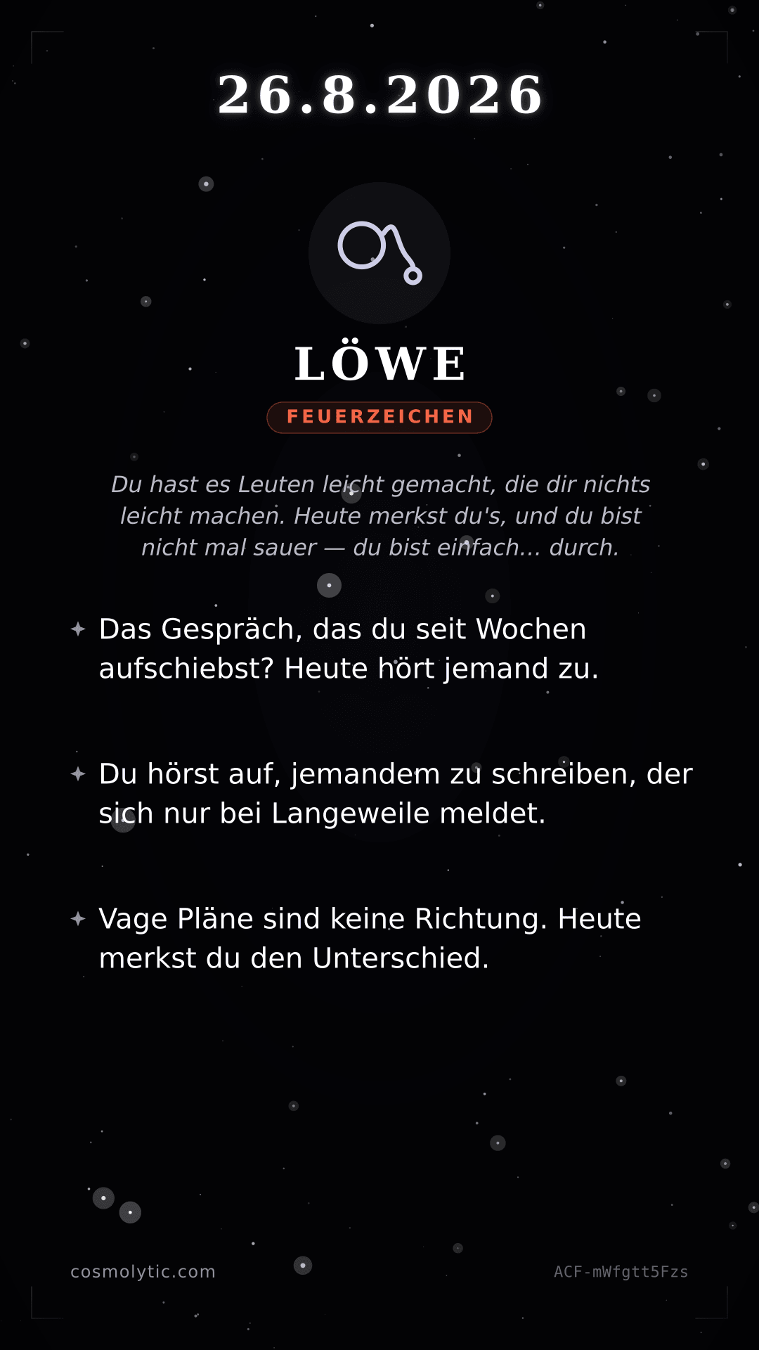 Löwe Tageshoroskop-Karte für 26. August 2026