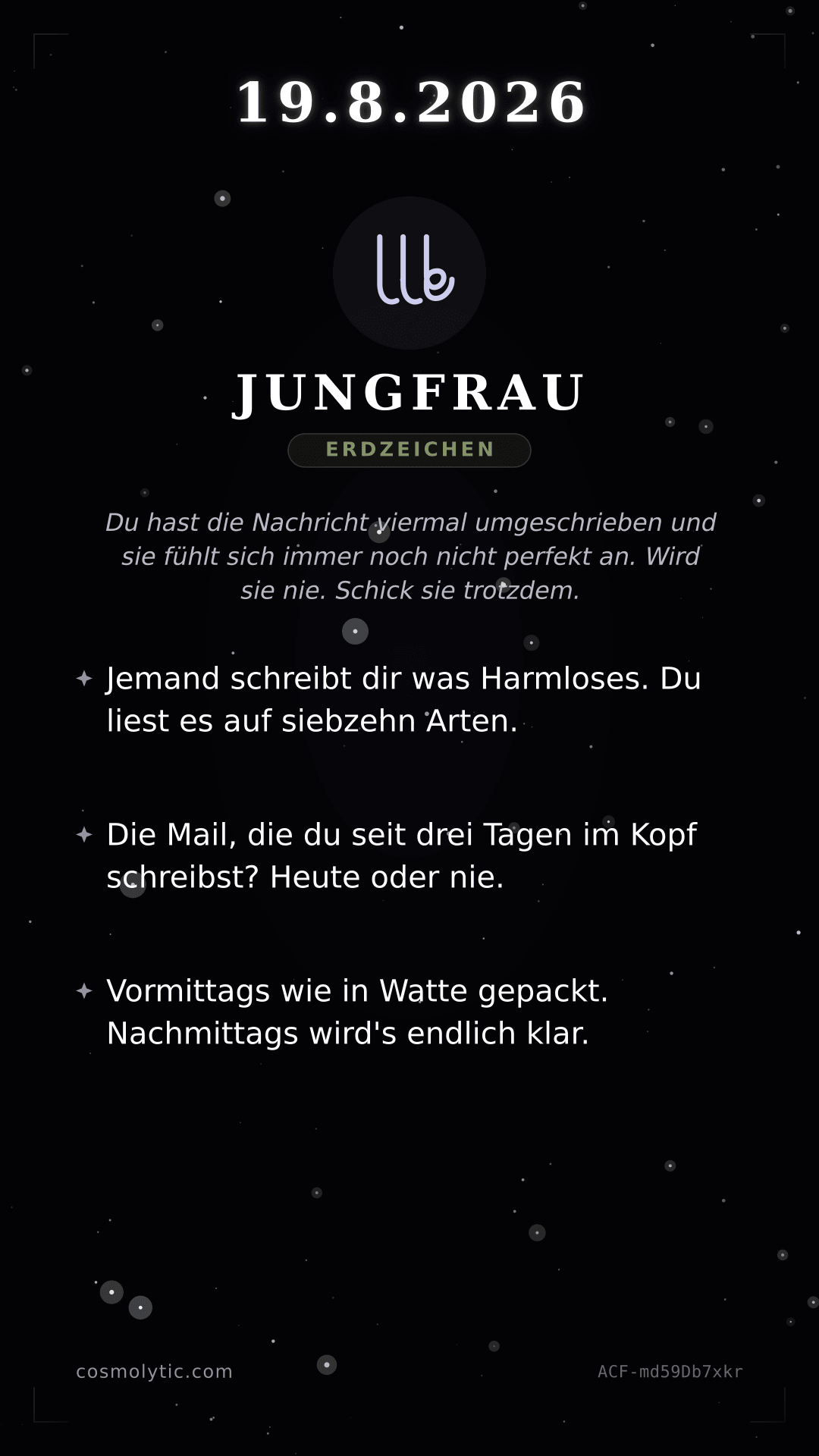 Jungfrau Tageshoroskop-Karte für 19. August 2026