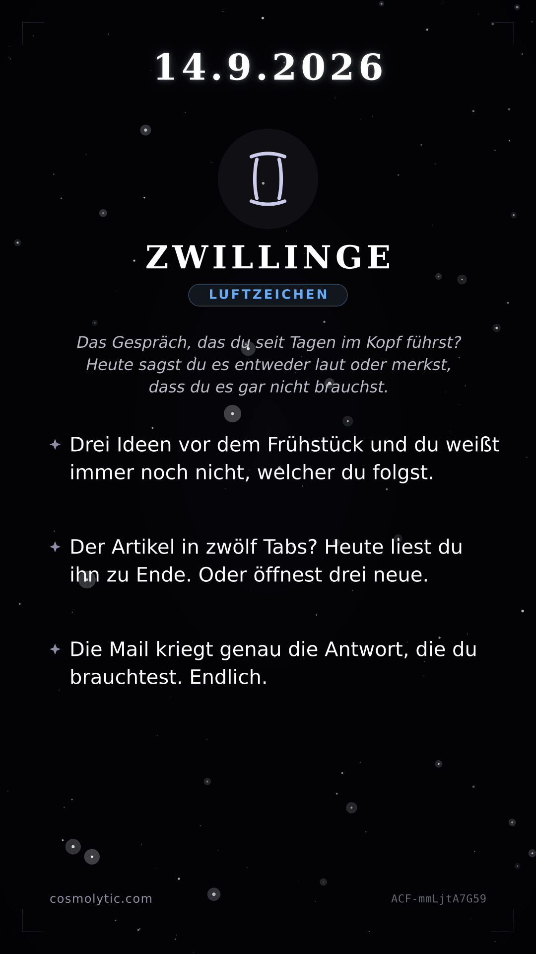 Zwillinge Tageshoroskop-Karte für 14. September 2026
