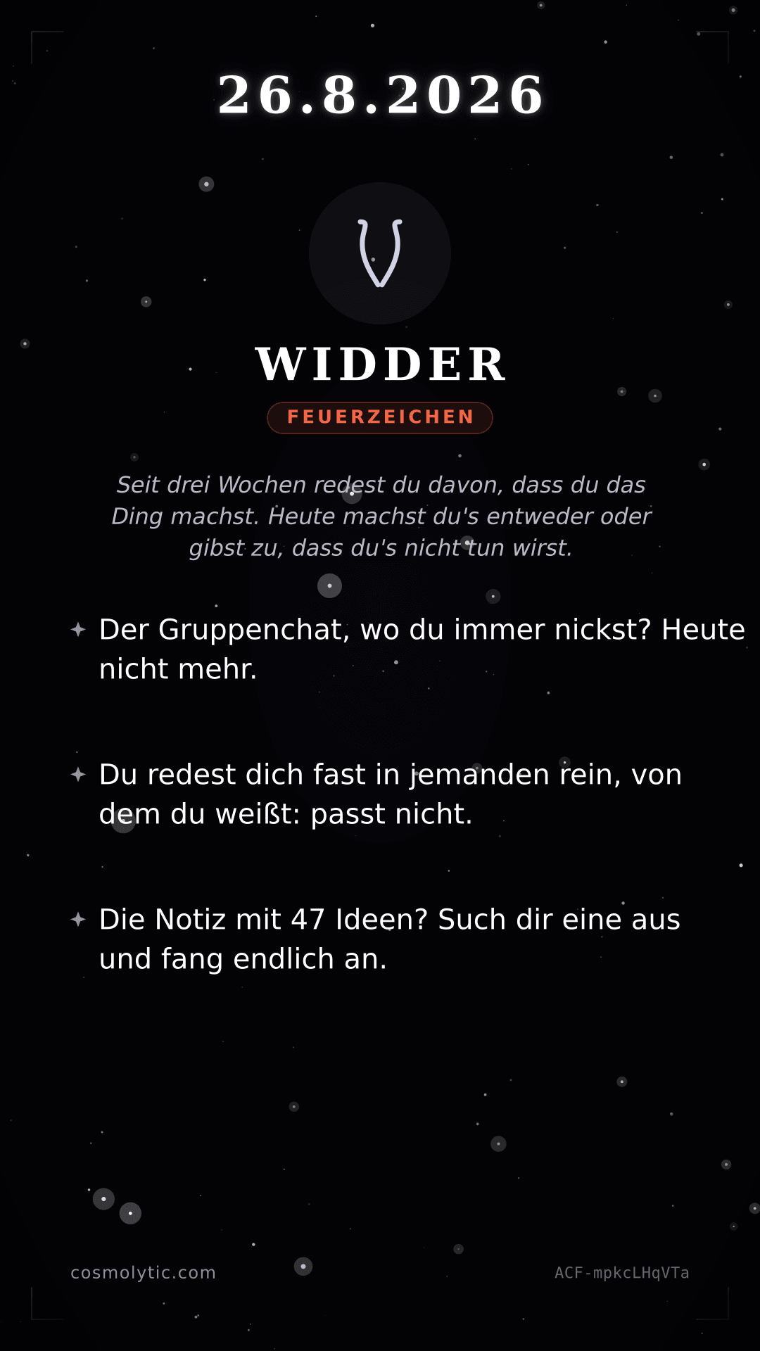 Widder Tageshoroskop-Karte für 26. August 2026