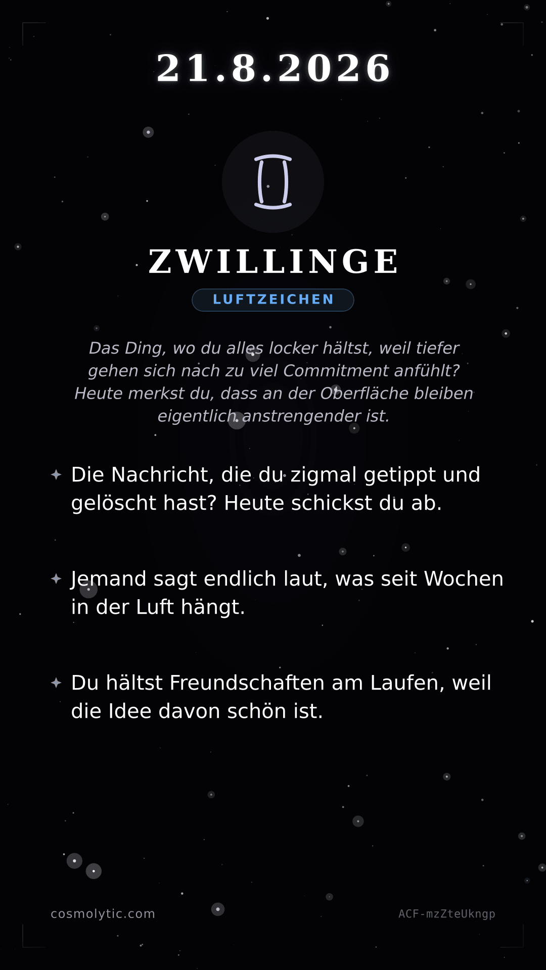 Zwillinge Tageshoroskop-Karte für 21. August 2026