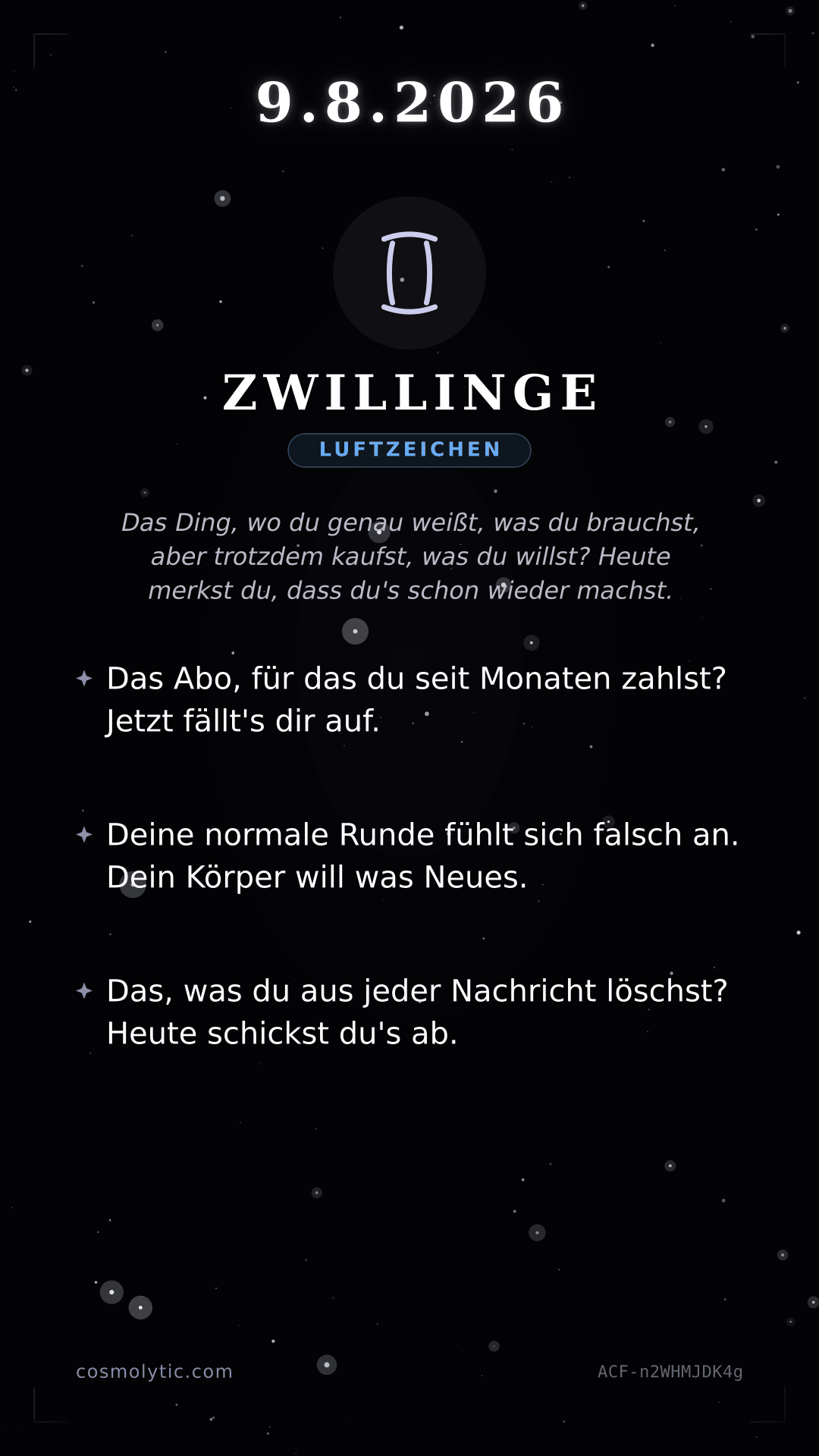 Zwillinge Tageshoroskop-Karte für 9. August 2026