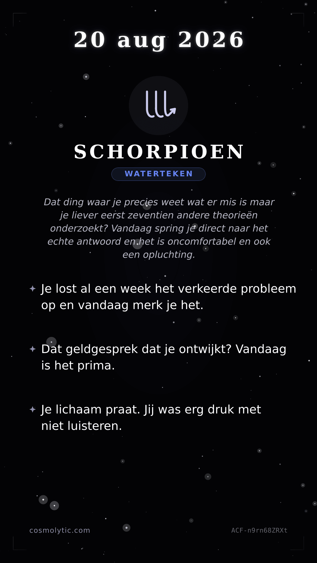 Schorpioen daghoroscoop kaart voor 20 augustus 2026