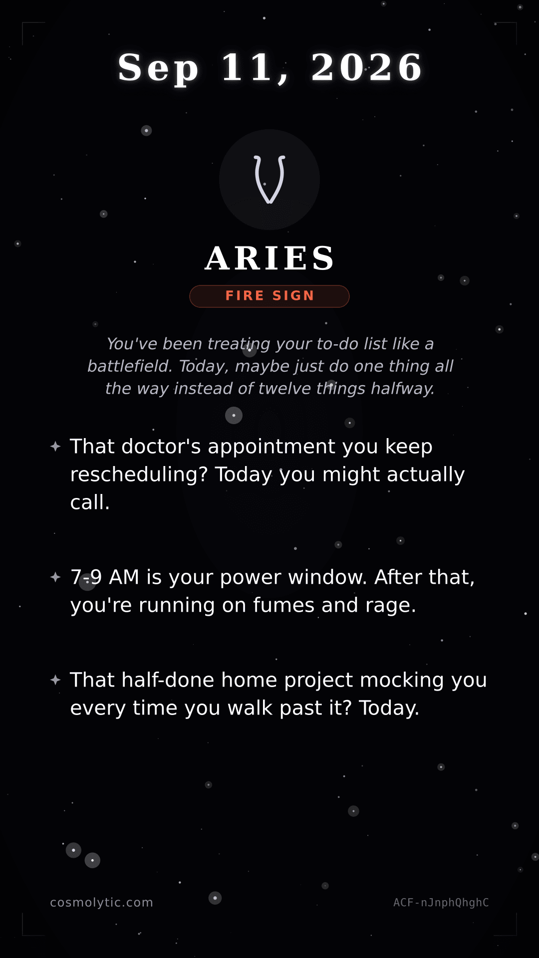 Aries daily horoscope card for September 11, 2026
