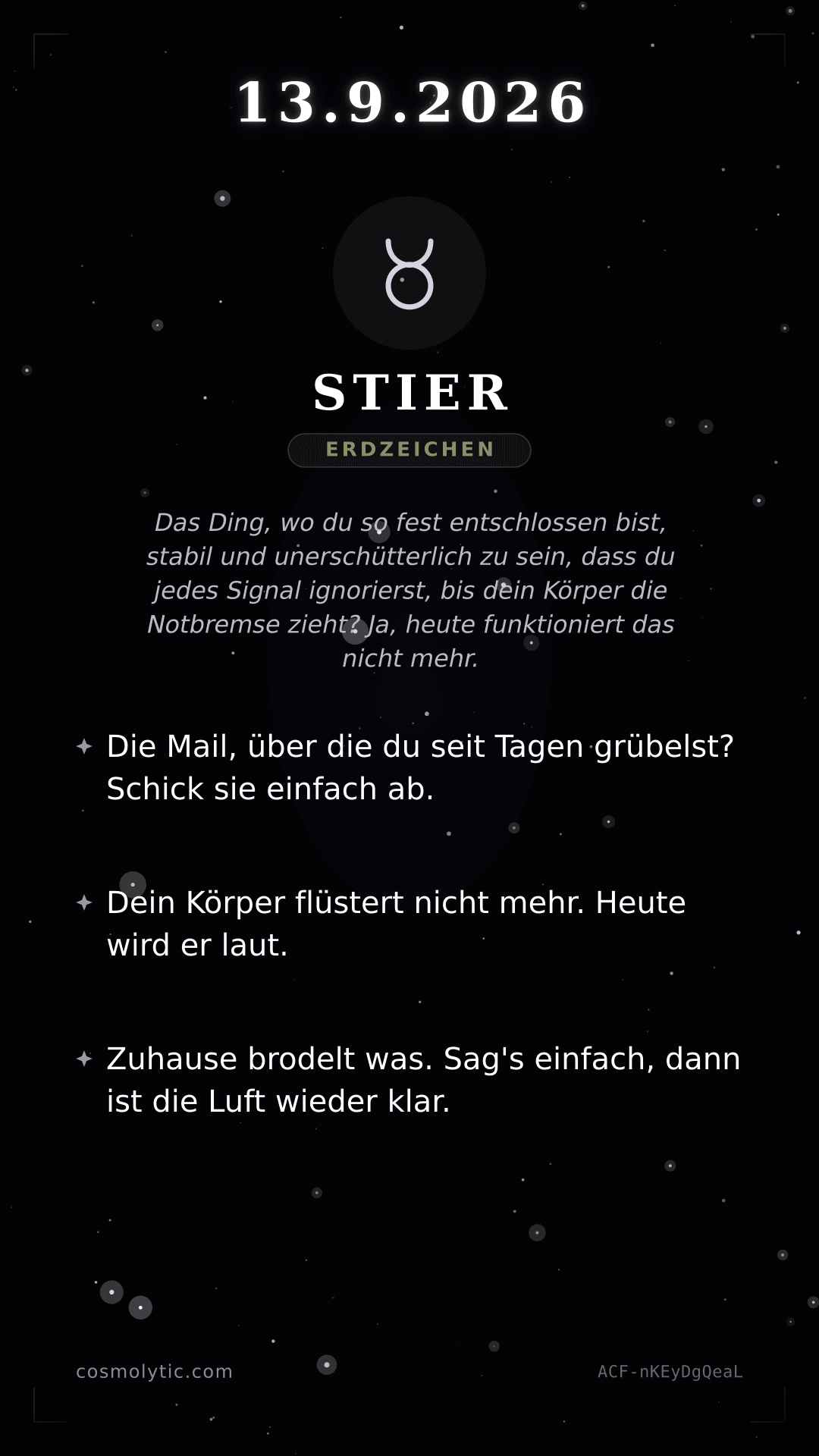 Stier Tageshoroskop-Karte für 13. September 2026