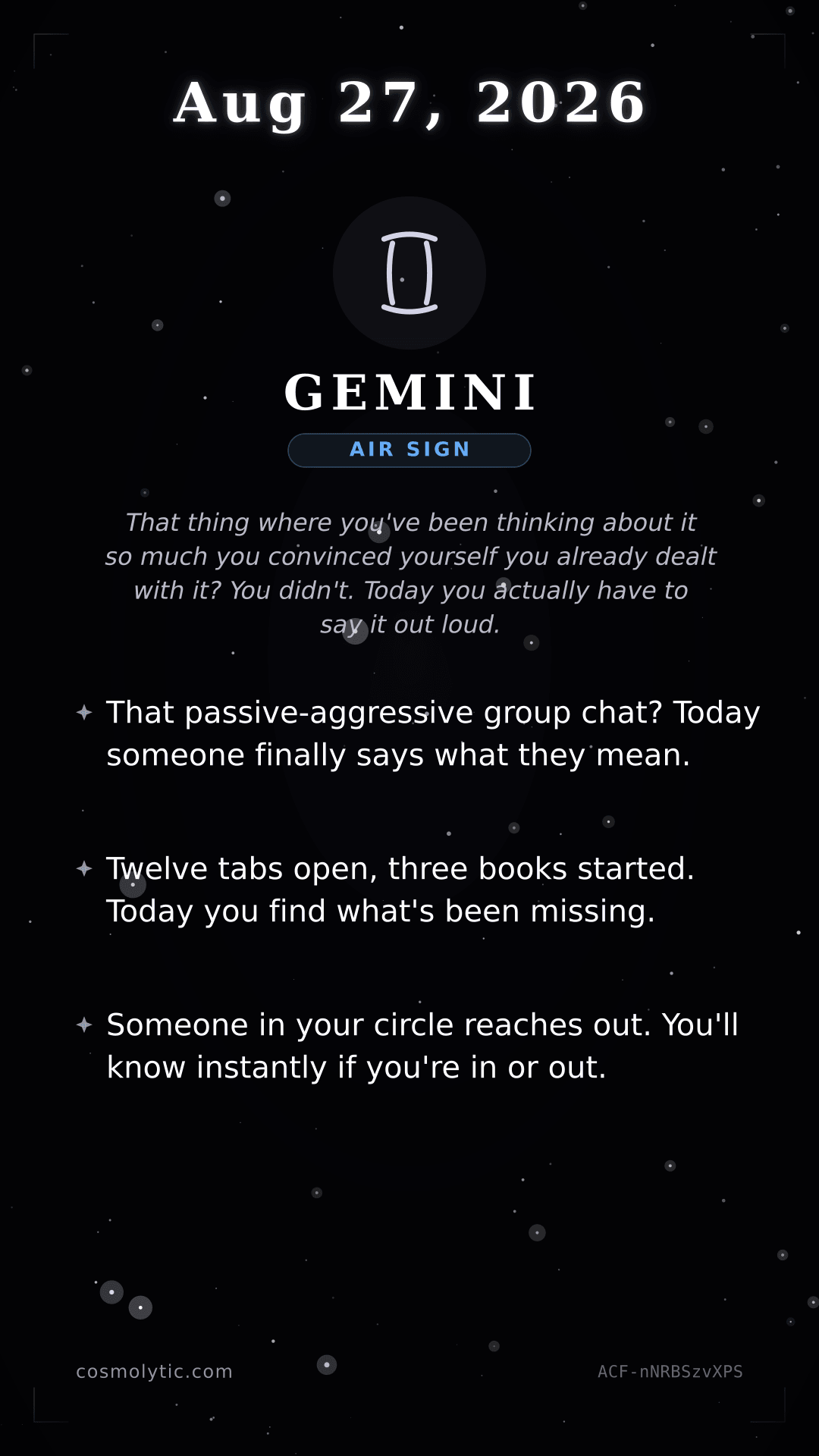 Gemini daily horoscope card for August 27, 2026