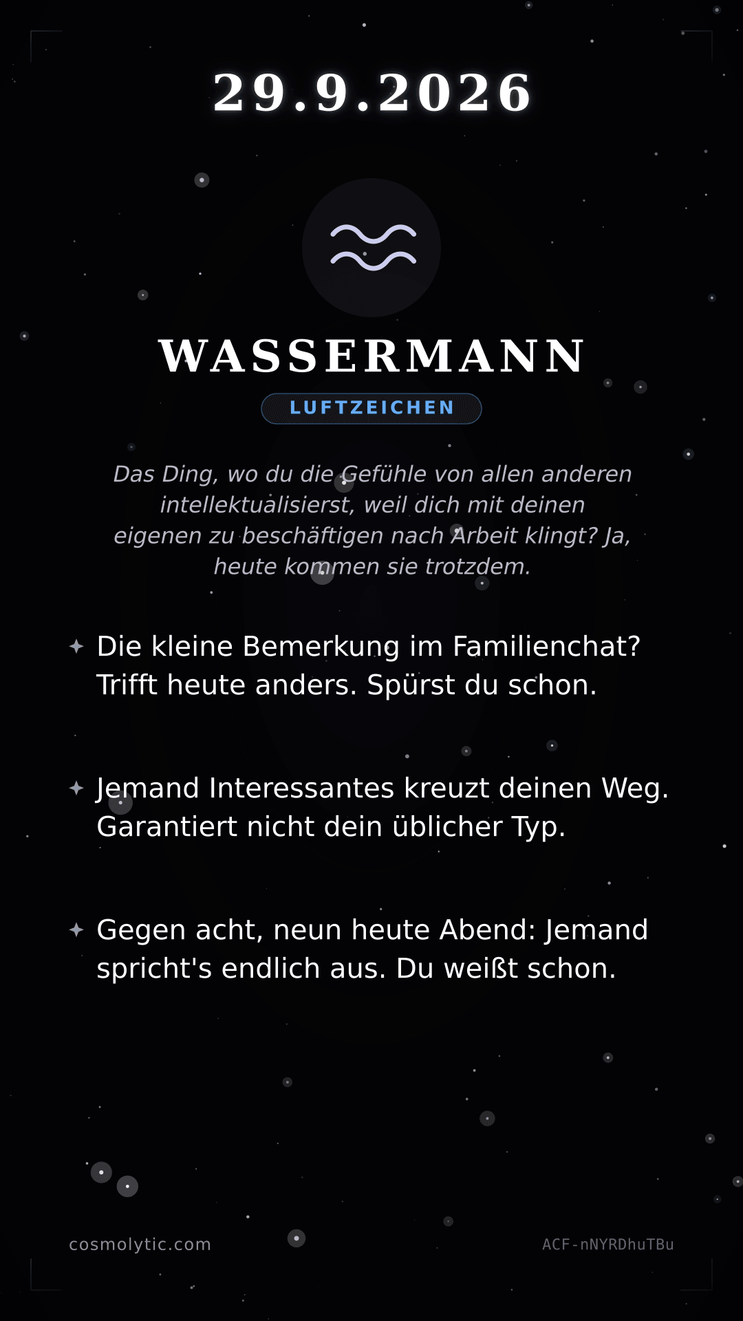 Wassermann Tageshoroskop-Karte für 29. September 2026