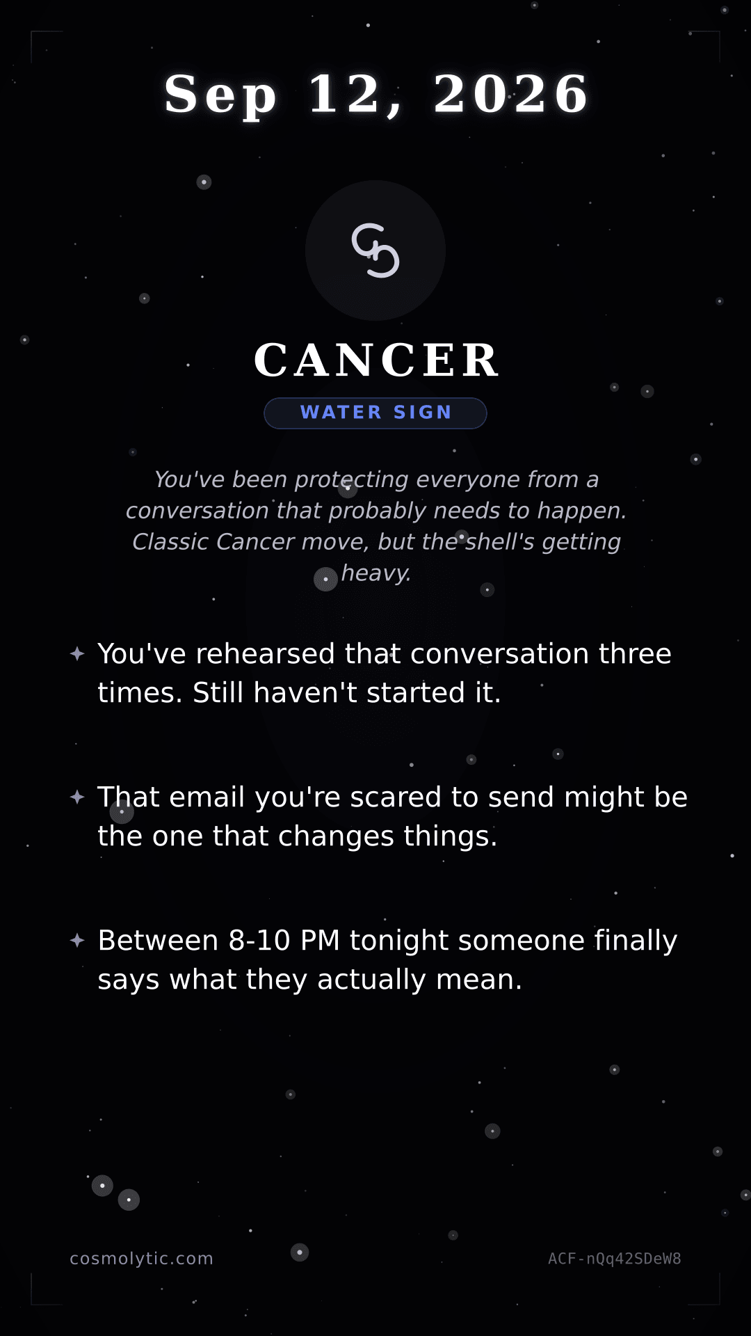 Cancer daily horoscope card for September 12, 2026
