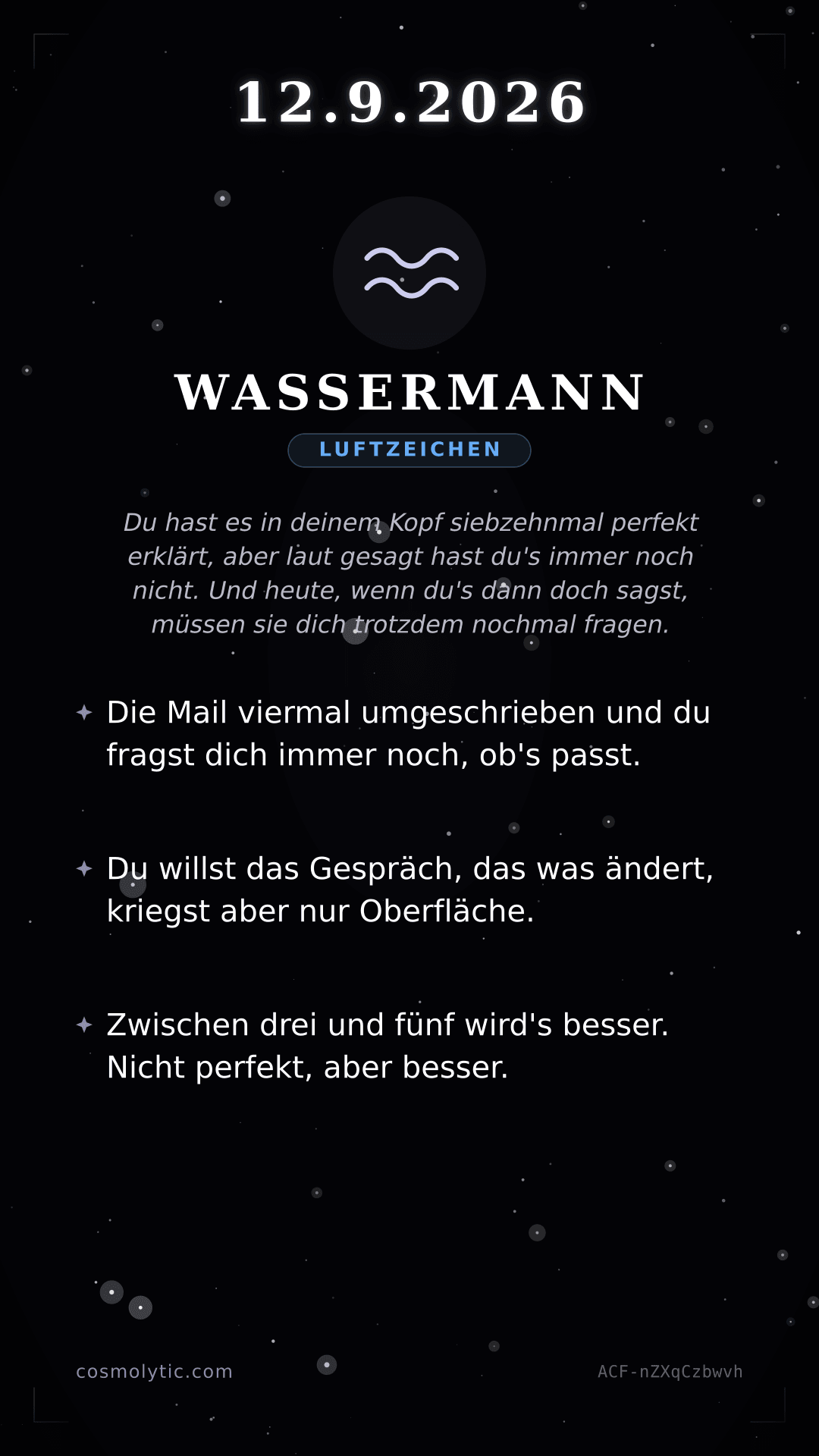 Wassermann Tageshoroskop-Karte für 12. September 2026