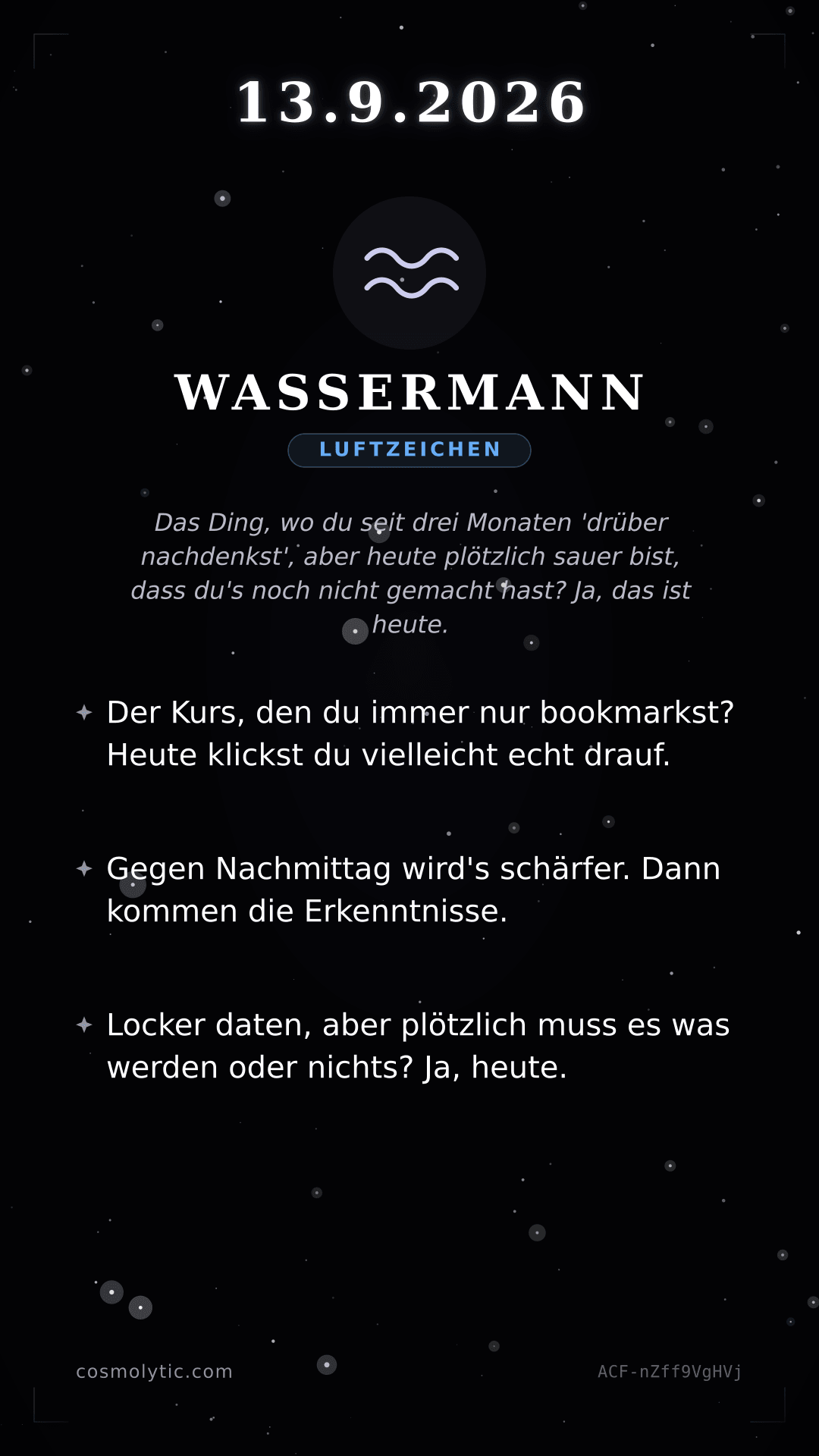 Wassermann Tageshoroskop-Karte für 13. September 2026