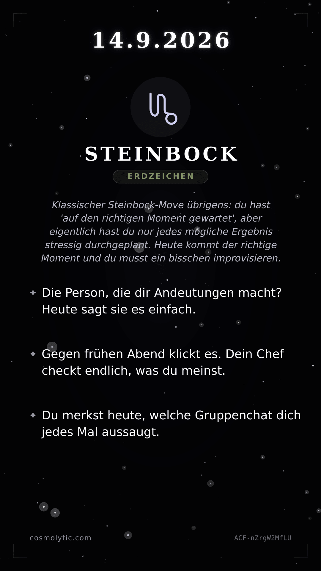 Steinbock Tageshoroskop-Karte für 14. September 2026