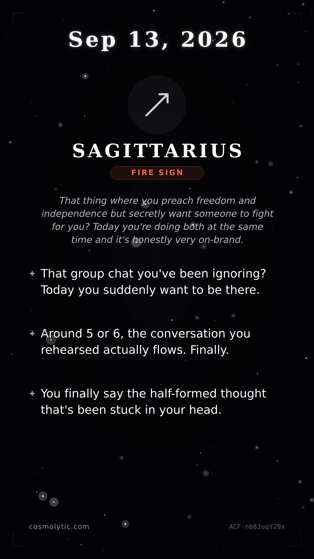Sagittarius daily horoscope card for September 13, 2026
