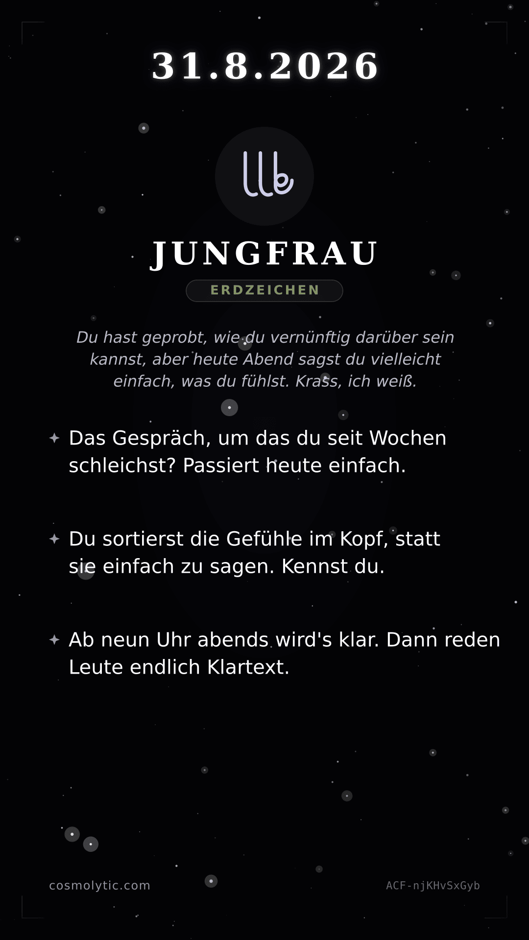 Jungfrau Tageshoroskop-Karte für 31. August 2026