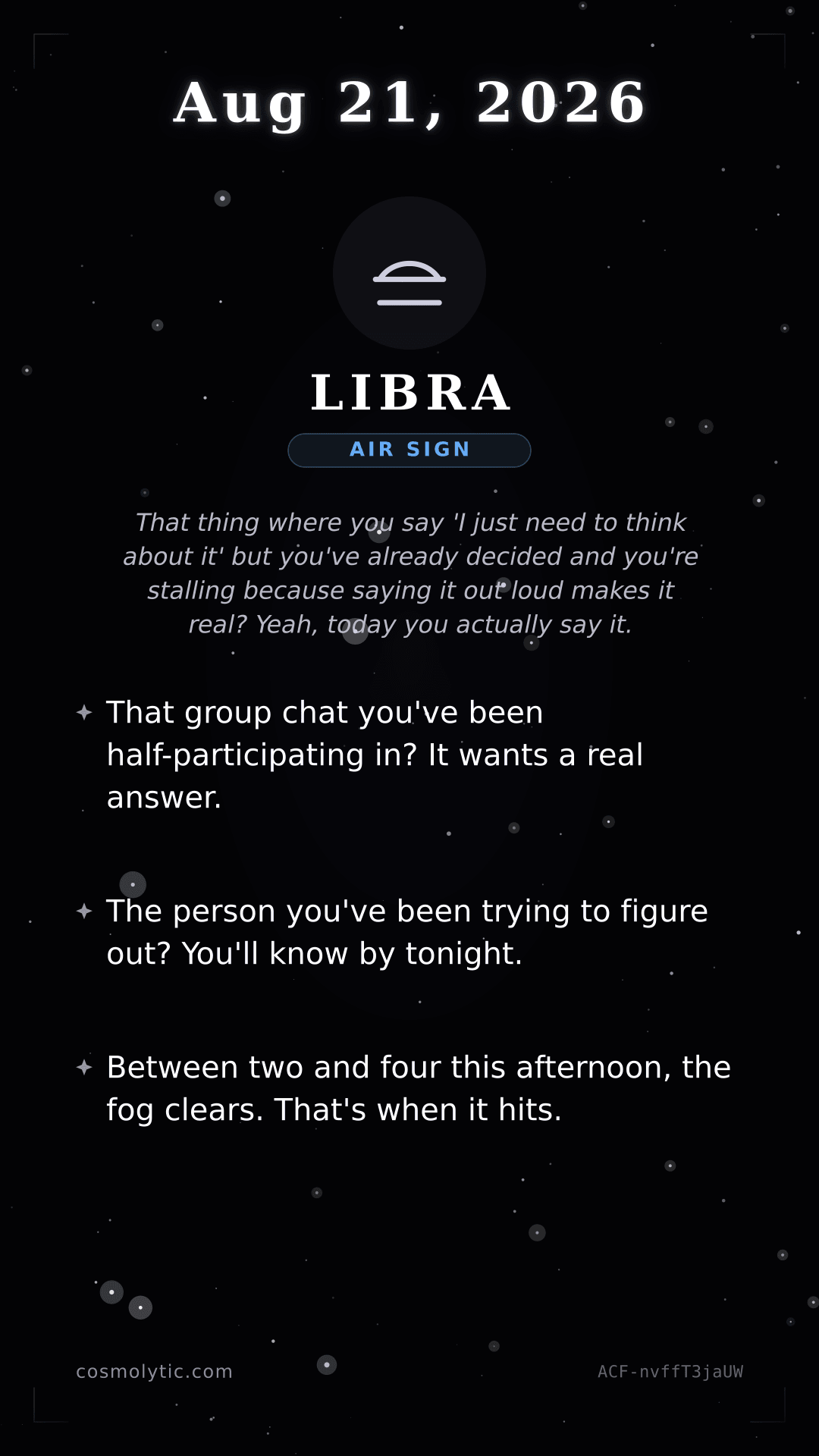 Libra daily horoscope card for August 21, 2026