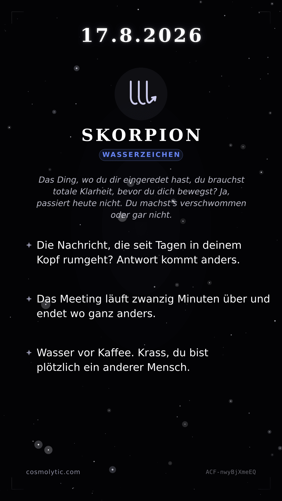 Skorpion Tageshoroskop-Karte für 17. August 2026
