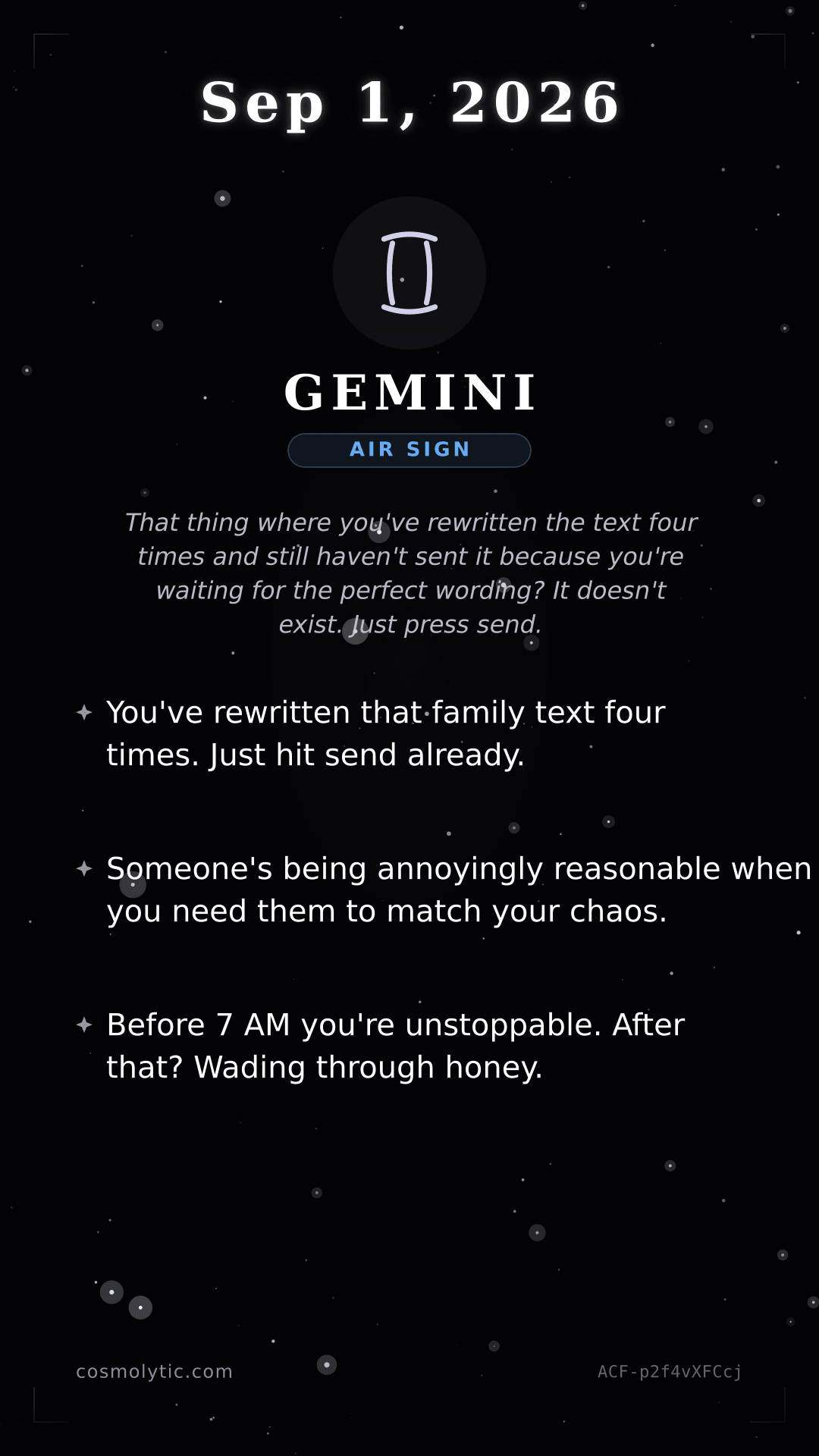 Gemini daily horoscope card for September 1, 2026