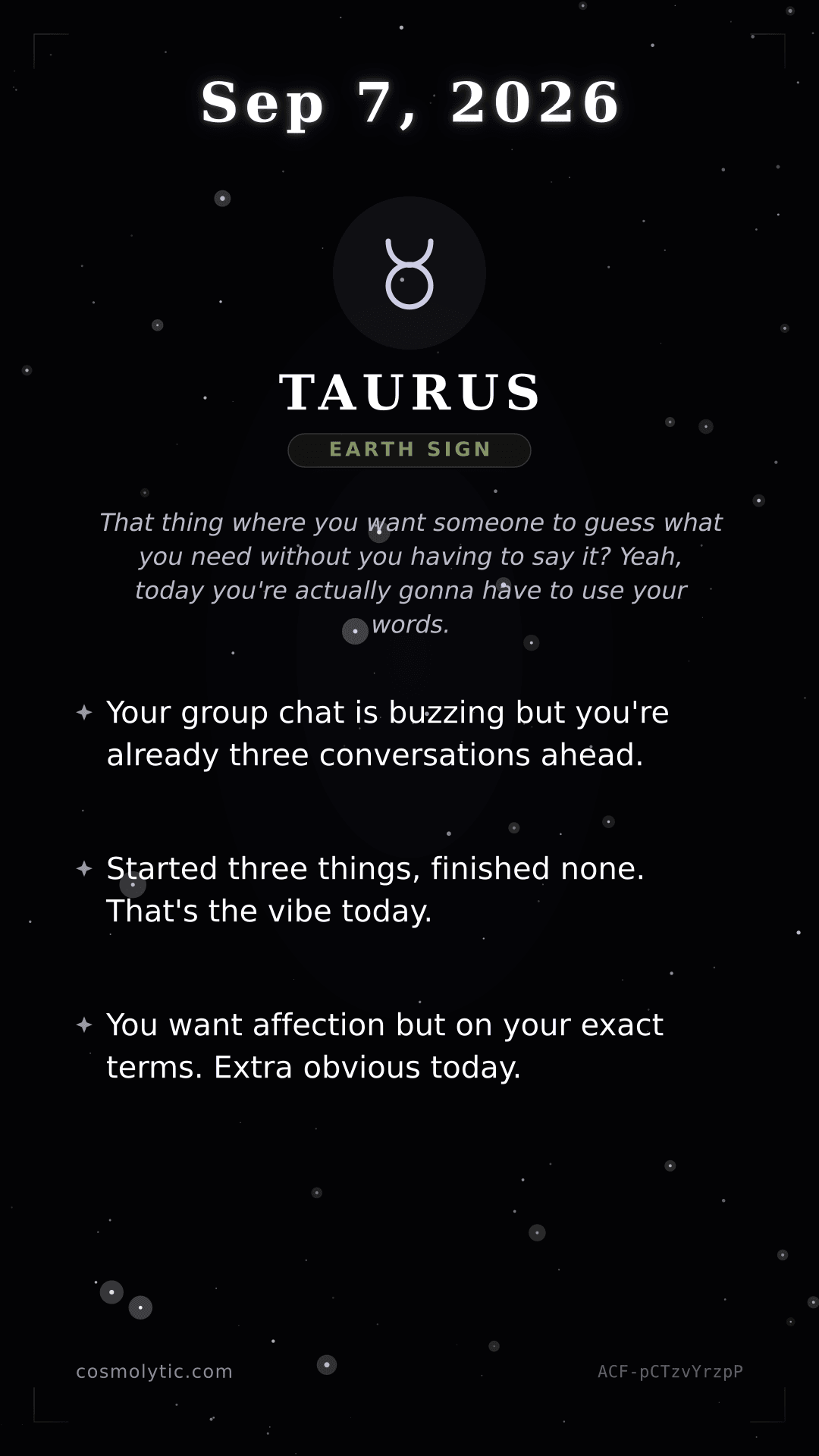 Taurus daily horoscope card for September 7, 2026