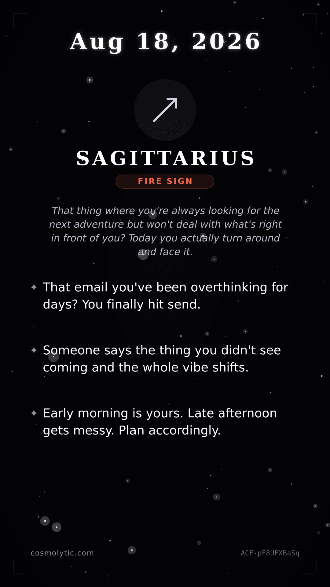 Sagittarius daily horoscope card for August 18, 2026
