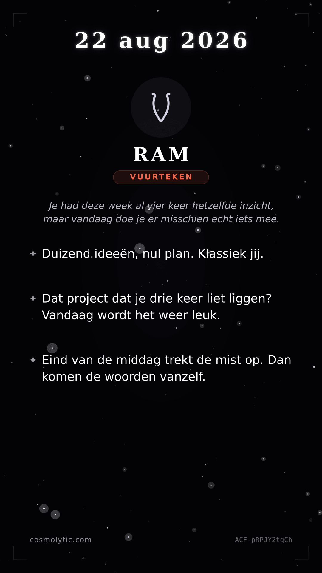 Ram daghoroscoop kaart voor 22 augustus 2026