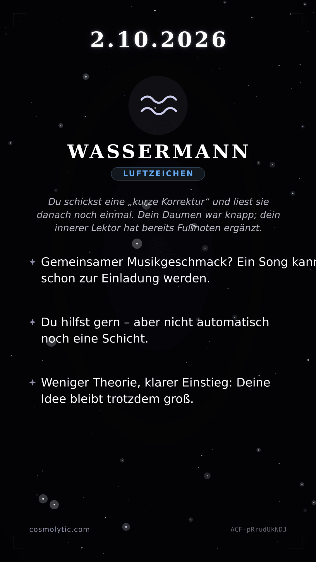 Wassermann Tageshoroskop-Karte für 2. Oktober 2026