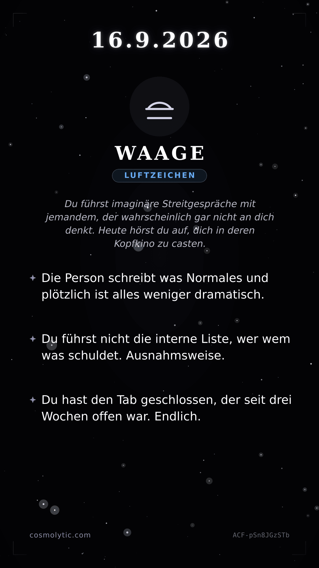 Waage Tageshoroskop-Karte für 16. September 2026