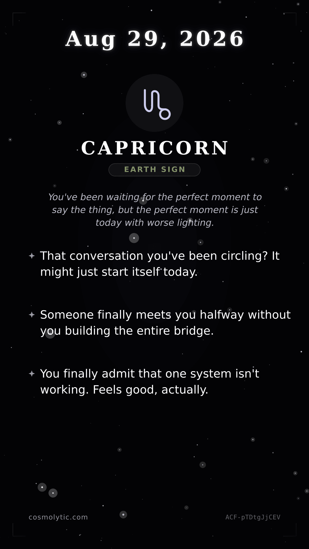 Capricorn daily horoscope card for August 29, 2026