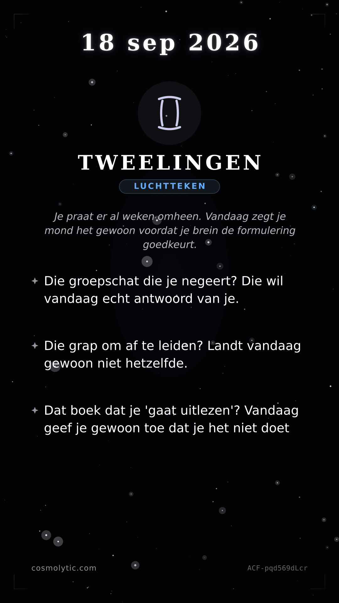 Tweelingen daghoroscoop kaart voor Vandaag