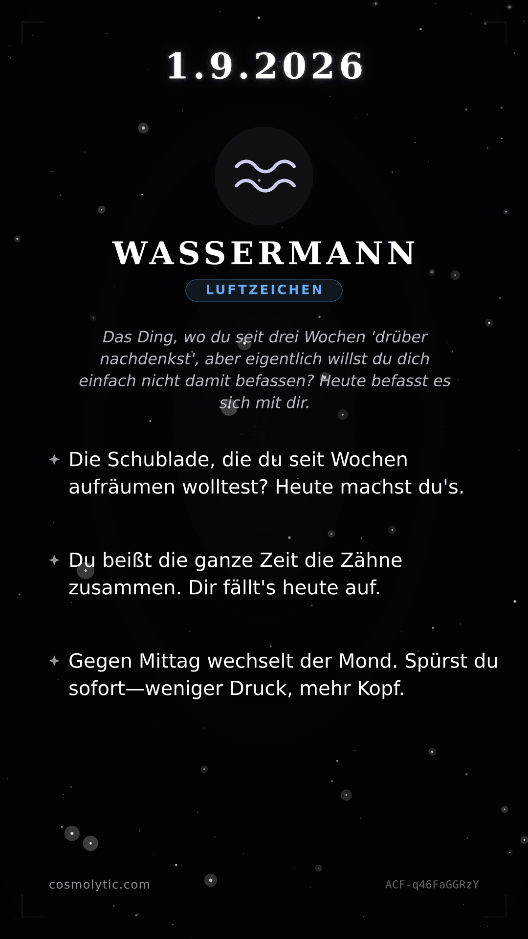 Wassermann Tageshoroskop-Karte für 1. September 2026