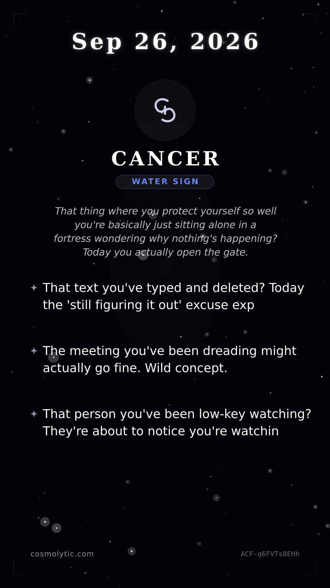 Cancer daily horoscope card for September 26, 2026