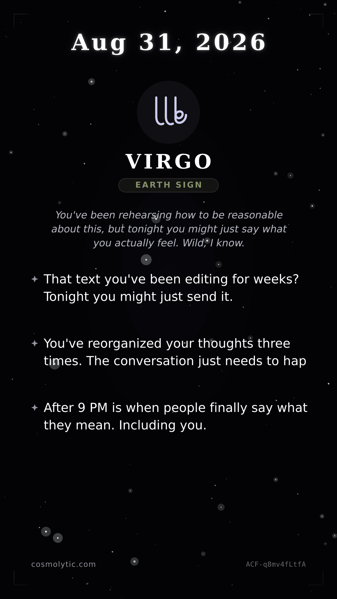 Virgo daily horoscope card for August 31, 2026