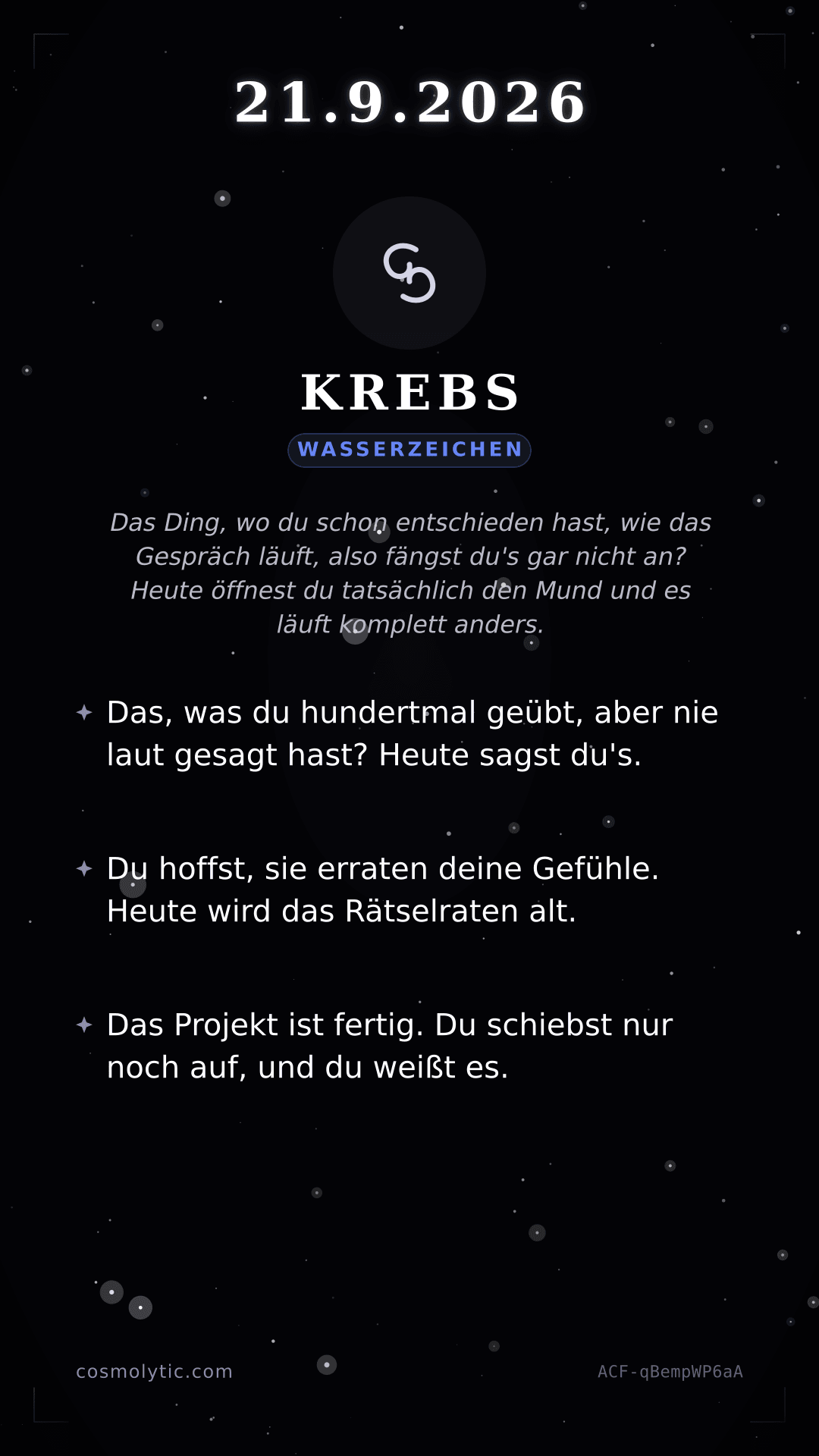 Krebs Tageshoroskop-Karte für 21. September 2026