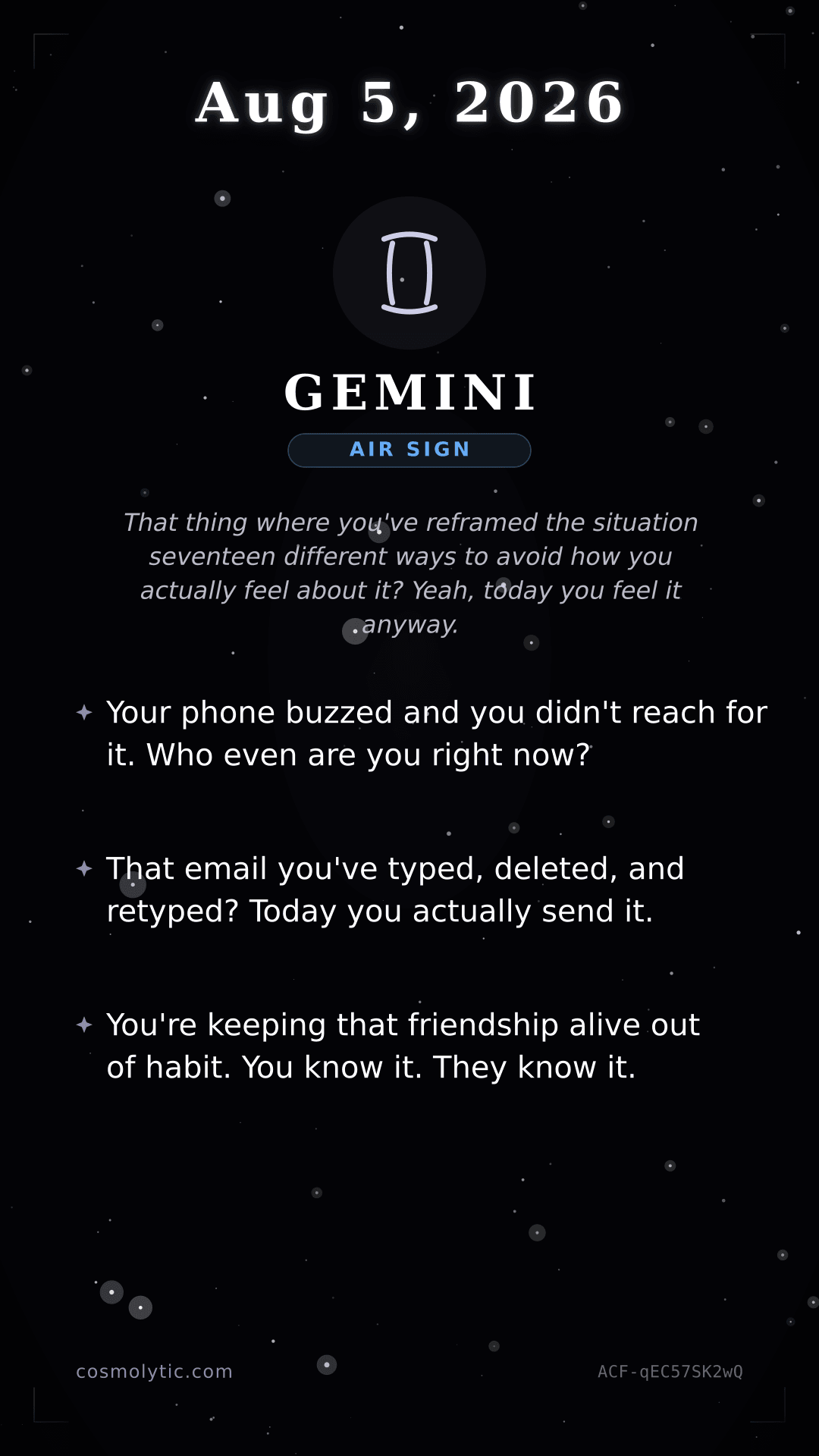 Gemini daily horoscope card for August 5, 2026