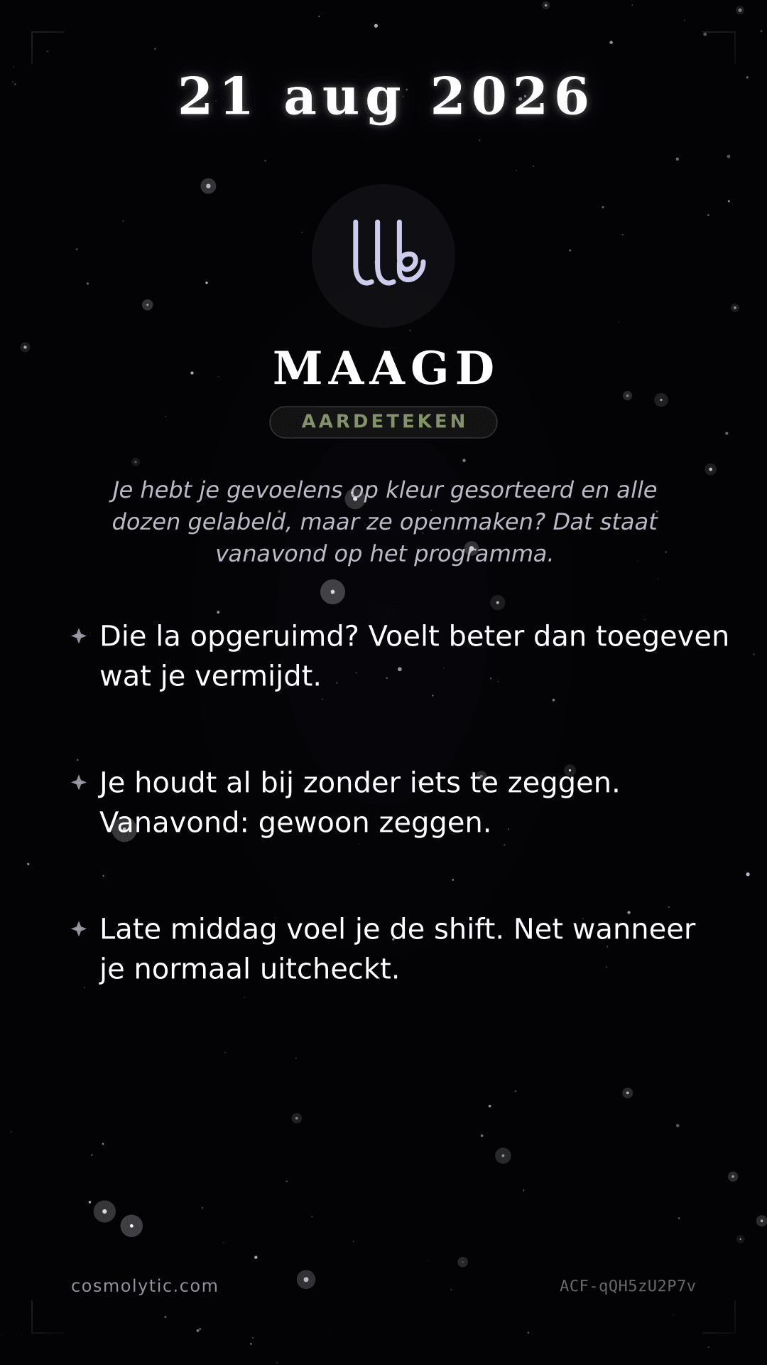 Maagd daghoroscoop kaart voor 21 augustus 2026