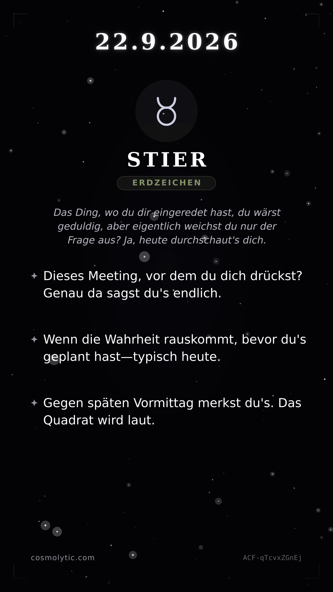 Stier Tageshoroskop-Karte für 22. September 2026