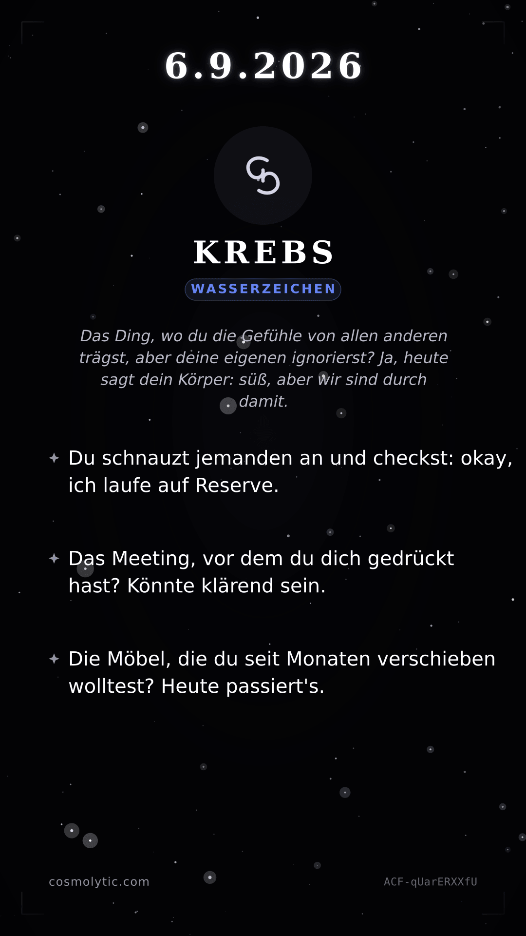 Krebs Tageshoroskop-Karte für 6. September 2026