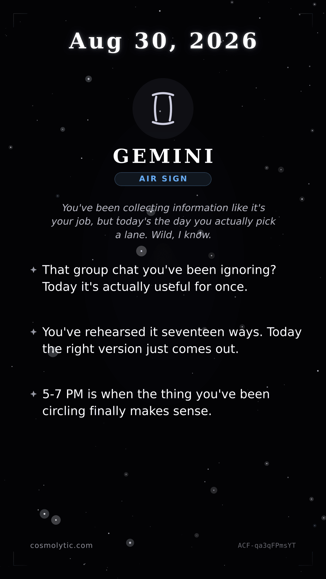 Gemini daily horoscope card for August 30, 2026