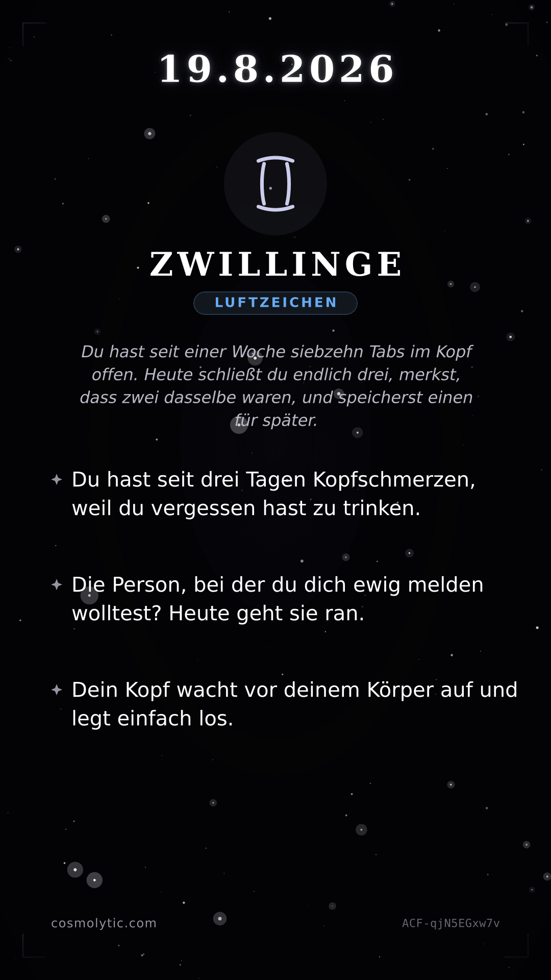 Zwillinge Tageshoroskop-Karte für 19. August 2026