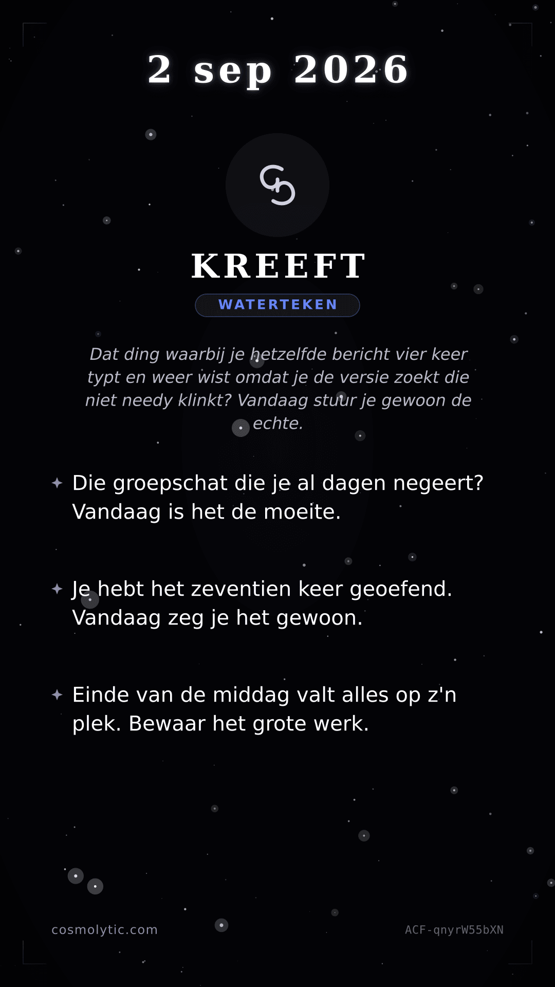 Kreeft daghoroscoop kaart voor 2 september 2026