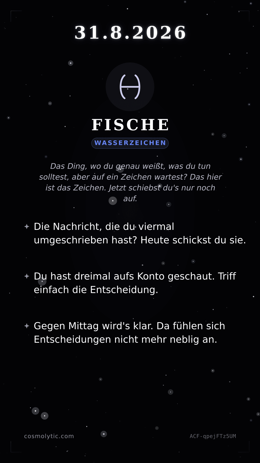Fische Tageshoroskop-Karte für 31. August 2026