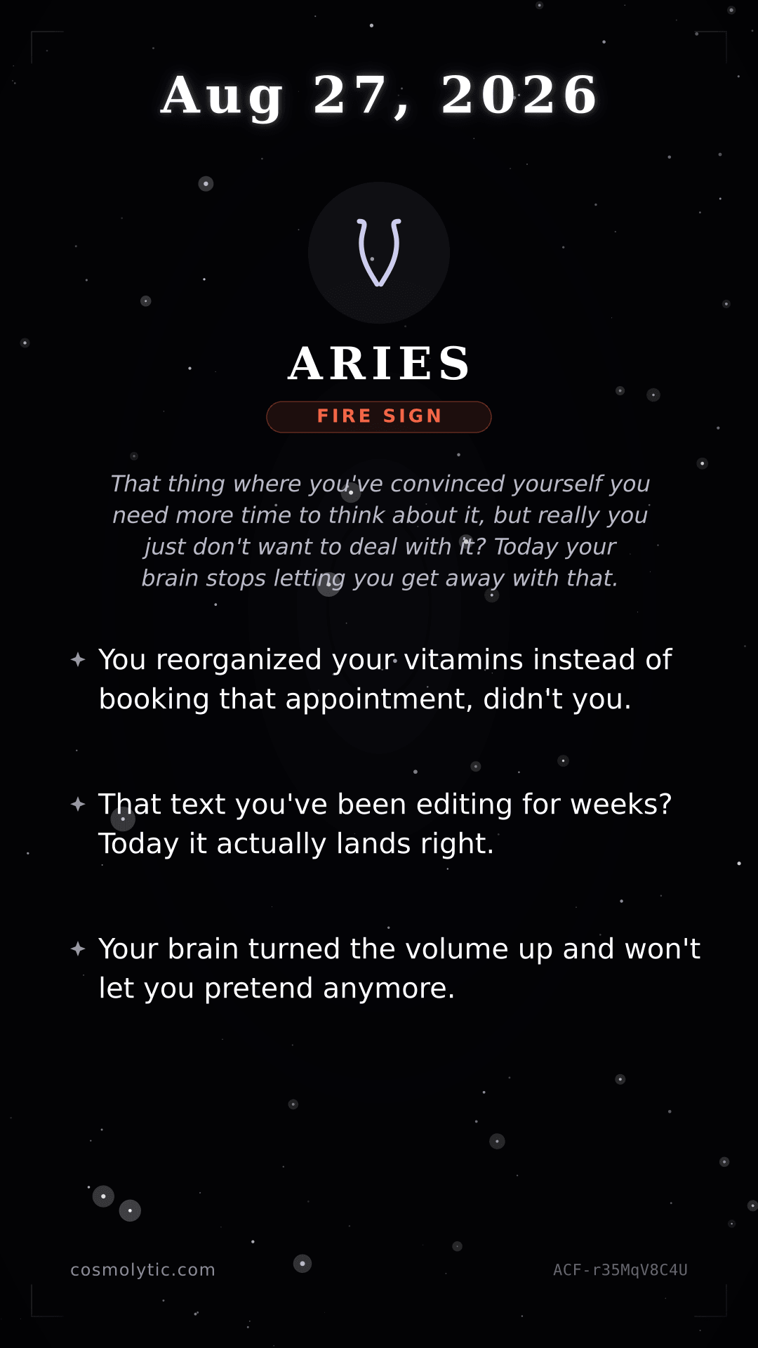 Aries daily horoscope card for August 27, 2026