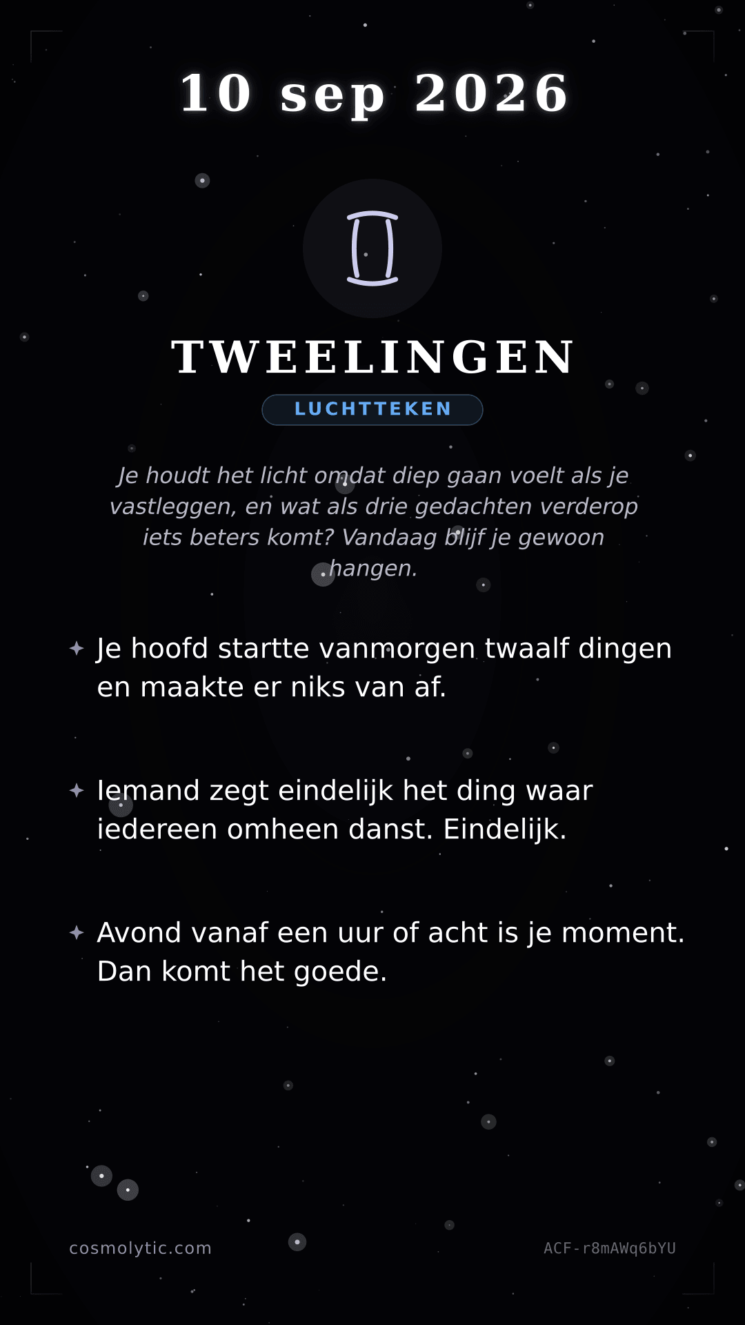 Tweelingen daghoroscoop kaart voor 10 september 2026